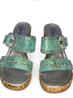 Grazie Turquoise Buckle Strap Wedge Sandals Slides - Women’s Size 9 - Y2K